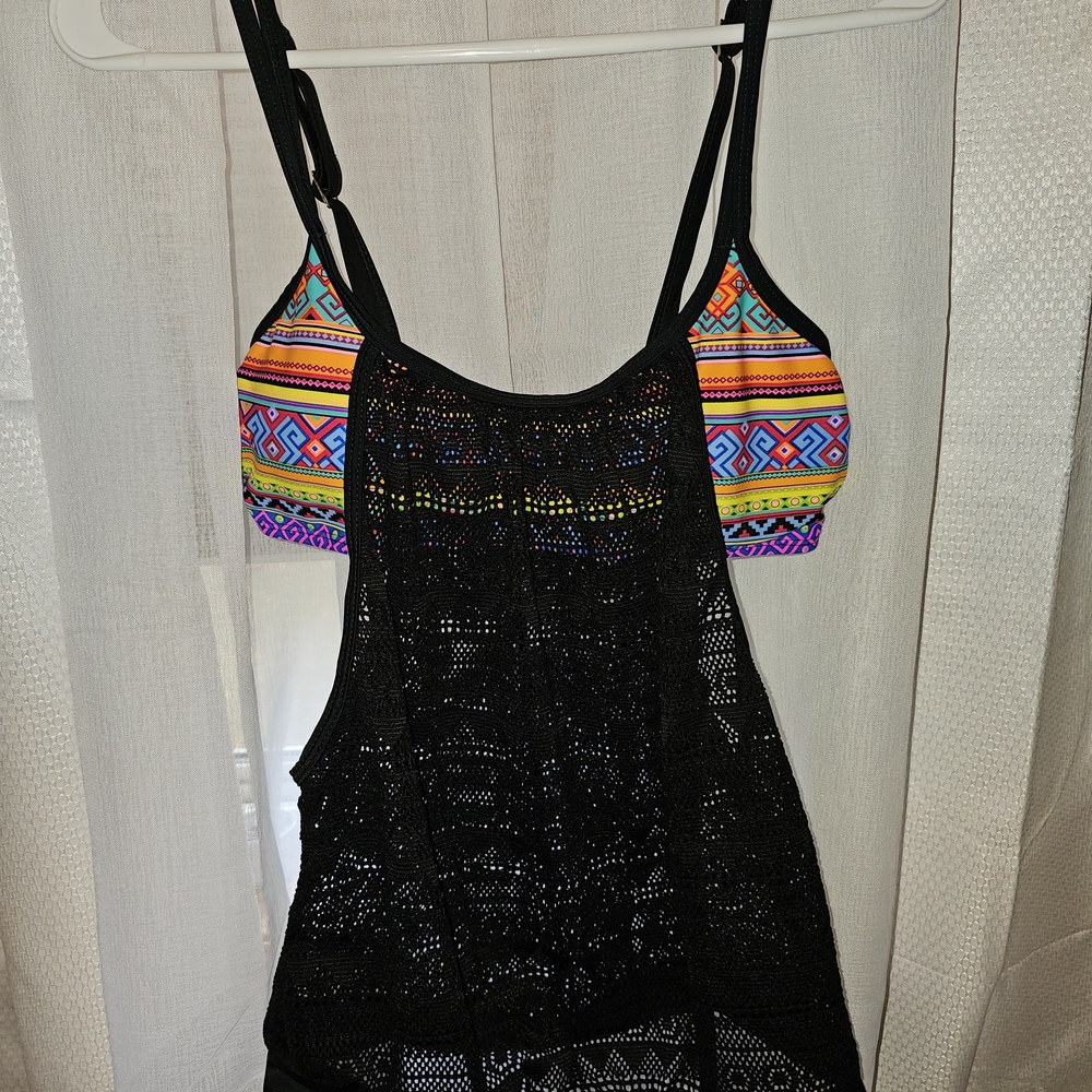 Black Crochet Cover-Up with Multicolor Tribal Bikini Top